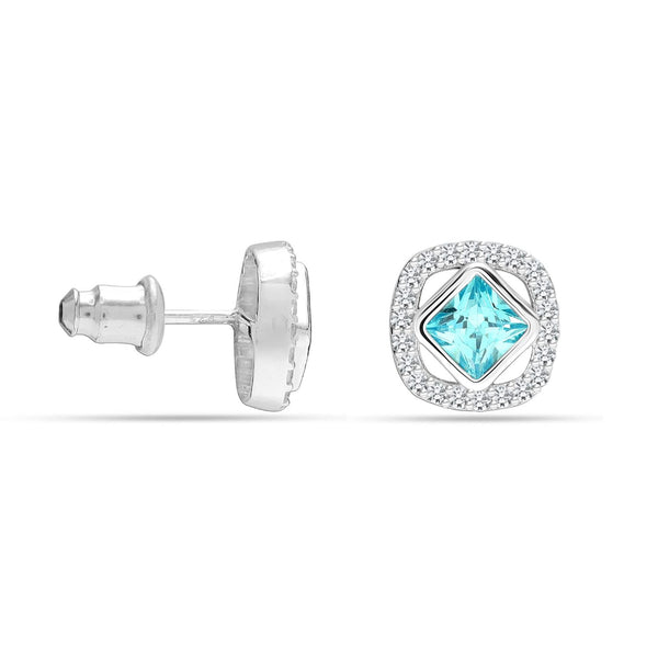 925 Sterling Silver Aquamarine CZ Square Stud Earrings for Women Teen