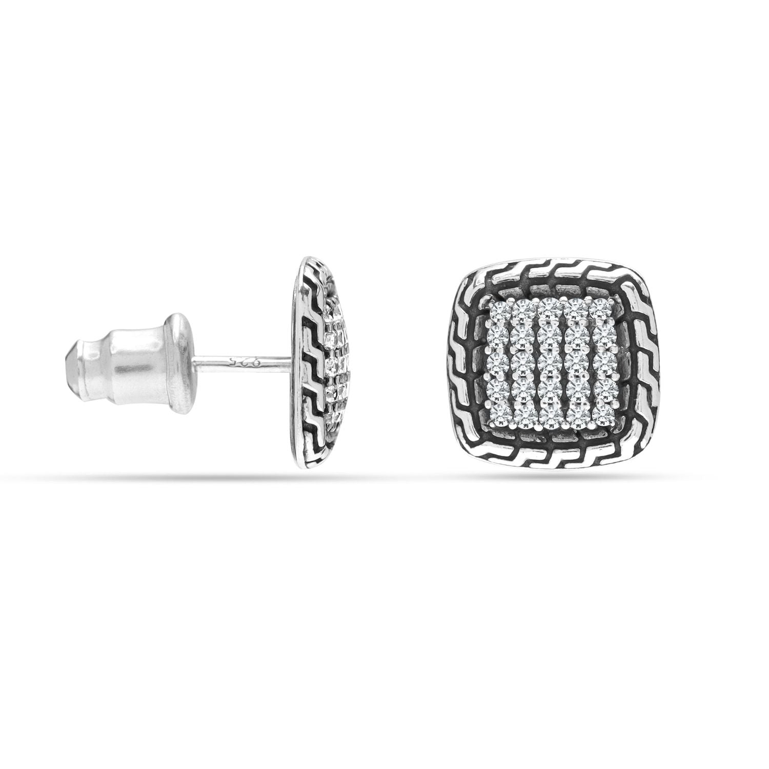 925 Sterling Silver CZ Square Antique Stud Earrings for Men