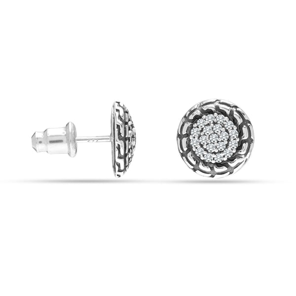 925 Sterling Silver CZ Classic Round Antique Stud Earrings for Men