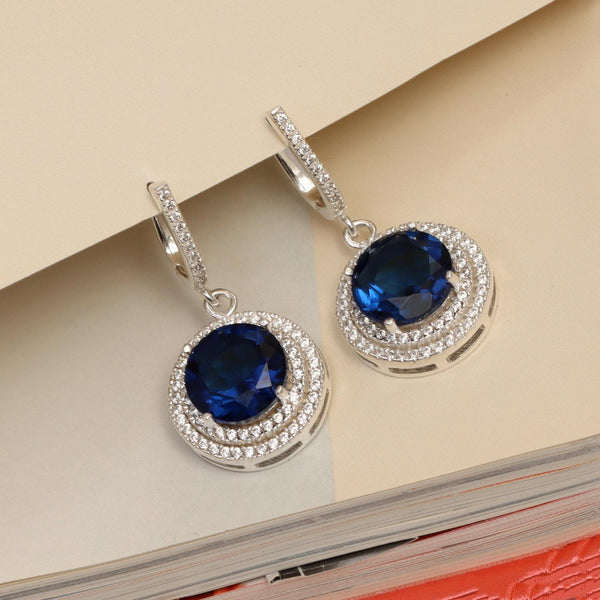 925 Sterling Silver Round Blue Sapphire White CZ Drop Dangle Earrings for Women and Girls