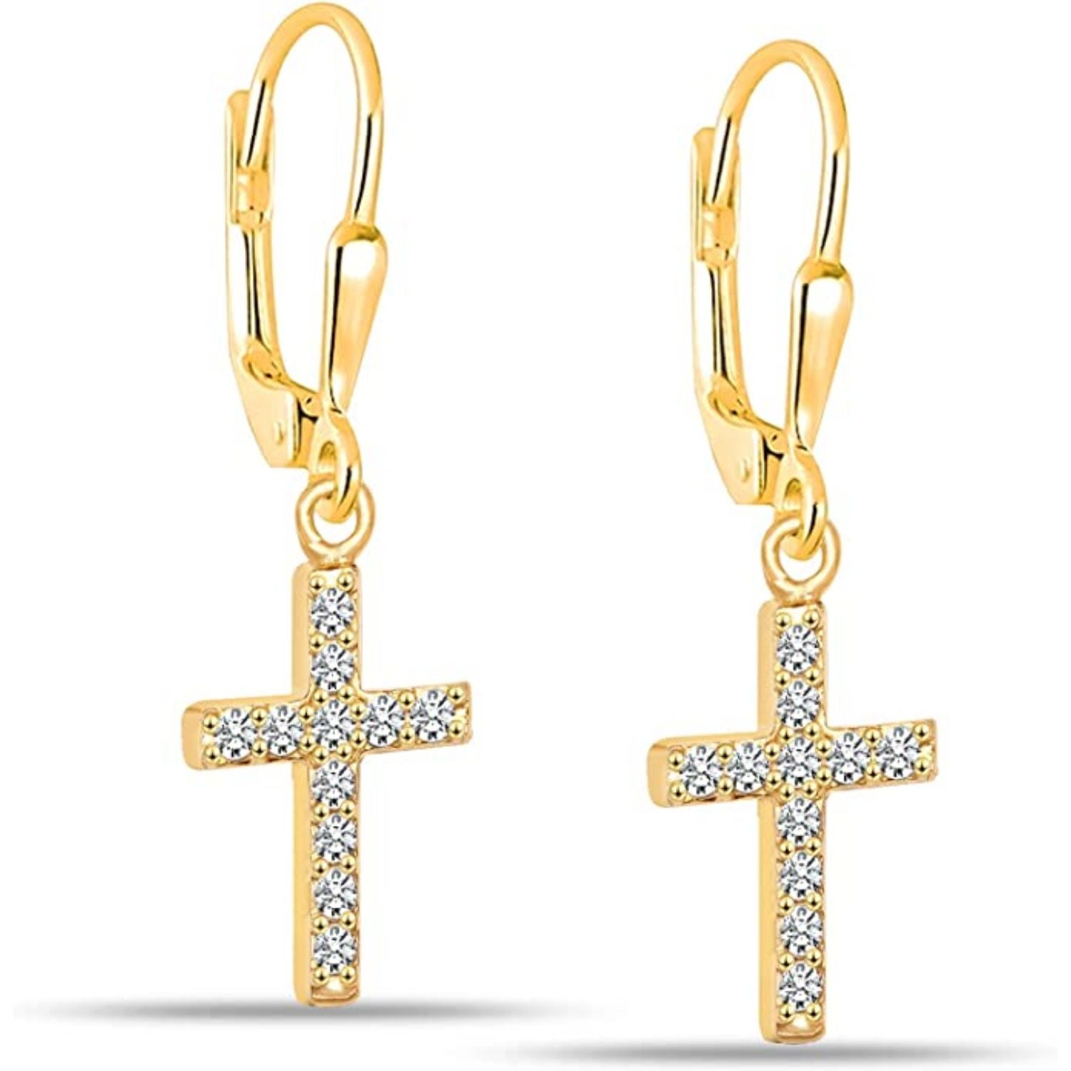 925 Sterling Silver 14K Gold-Plated Zirconia Cross Leverback Earrings for Women