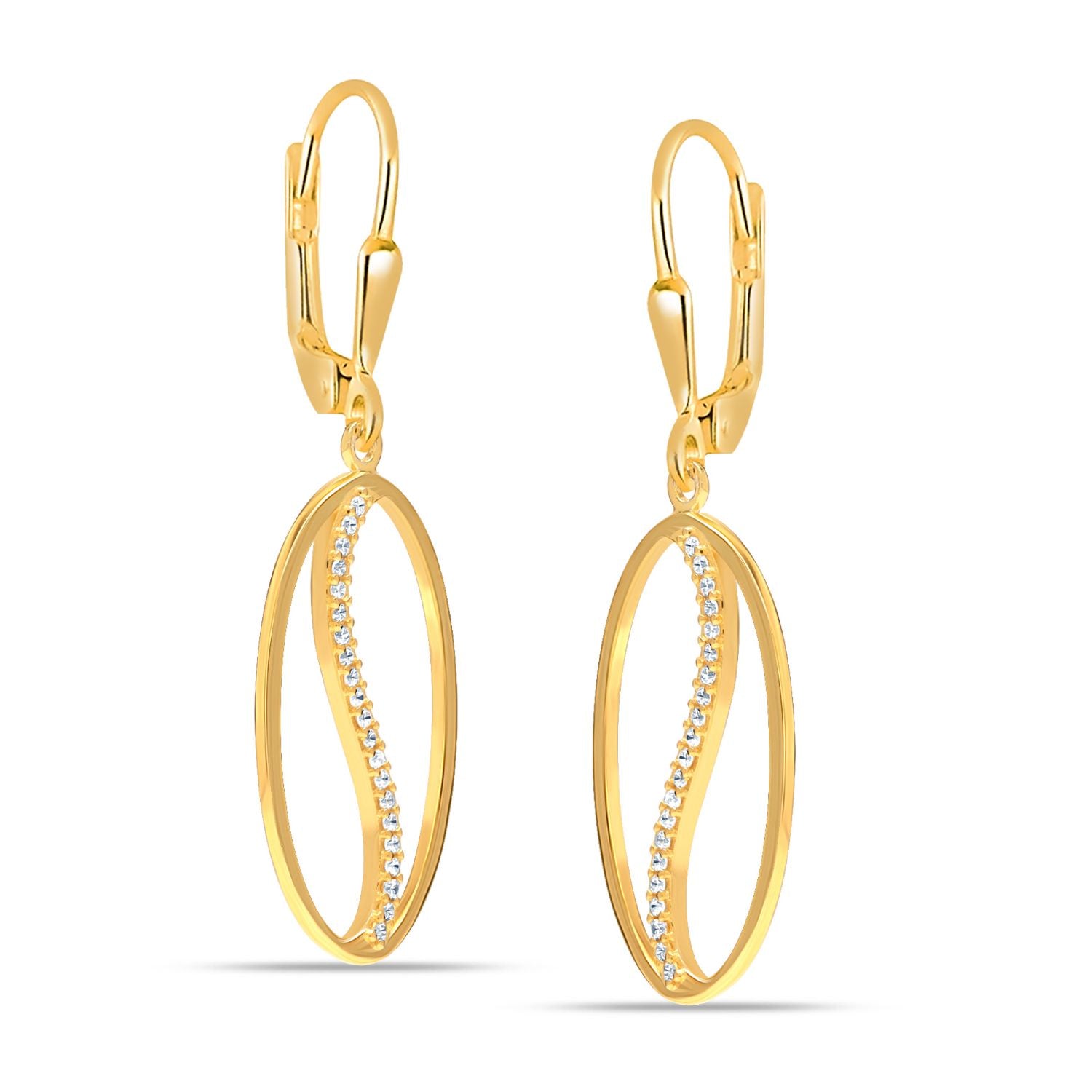 925 Sterling Silver 14K Gold Plated Italian Design CZ Oval Shape Leverback Drop Dangle Earrings for Women Teen