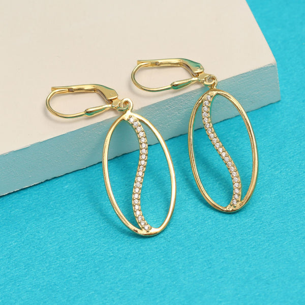 925 Sterling Silver 14K Gold Plated Italian Design CZ Oval Shape Leverback Drop Dangle Earrings for Women Teen