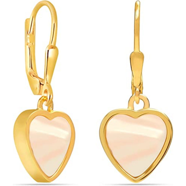 925 Sterling Silver 14K Gold-Plated Mother Of Pearl Heart Leverback Drop Dangle Earrings for Women Teen