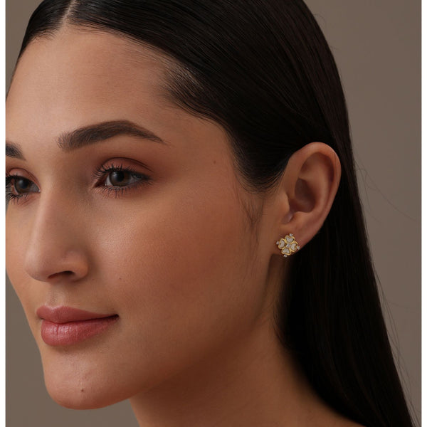 925 Sterling Silver 14K Gold-Plated Mother Of Pearl Heart Clover Flower CZ Stud Earrings for Women Teen