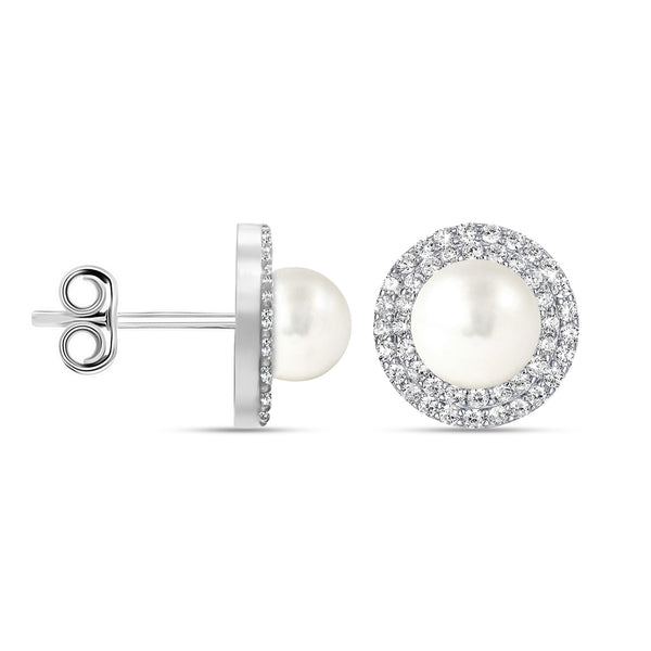925 Sterling Silver Cubic Zirconia Small Pave Simulated Pearl Button Stud Earrings For Women