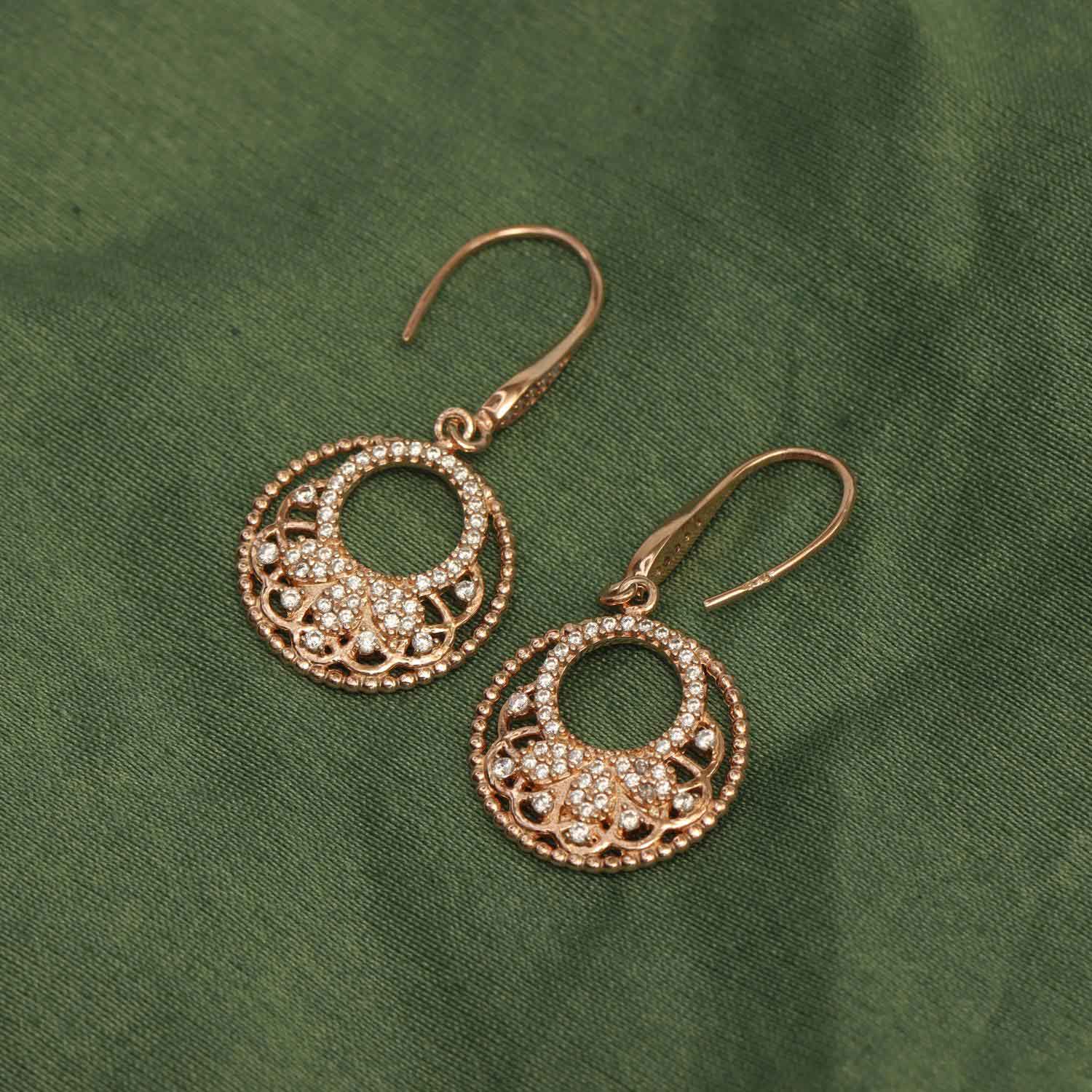 925 Sterling Silver 14K Rose Gold Plated CZ Filigree Crescent Affair French Wire Drop Earrings for Women Teen
