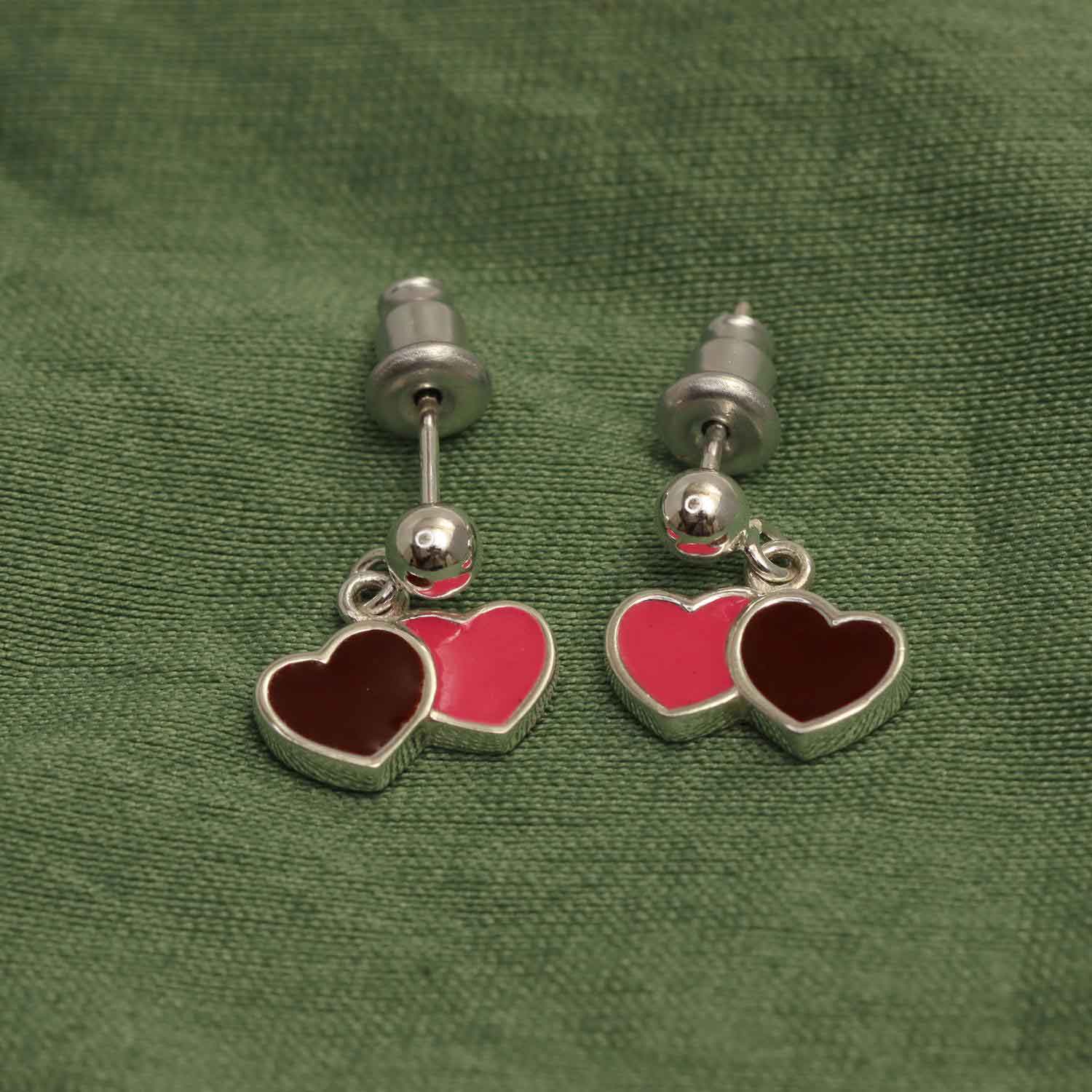 925 Sterling Silver Italian Design Double Heart Stud Earrings for Teen