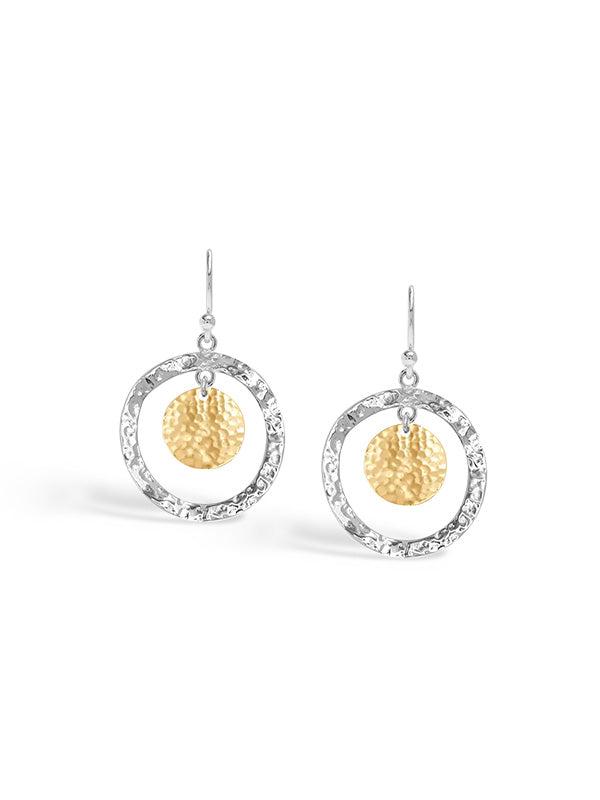 Two-Tone Hammered Disc Drop Earrings