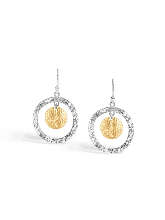 Two-Tone Hammered Disc Drop Earrings