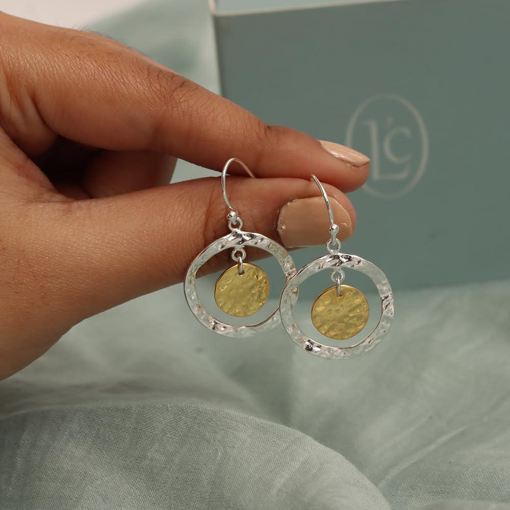 925 Sterling Silver Two-Tone Classic Double Dangling Italian Hammered Design Disc Drop Dangle Earrings for Women