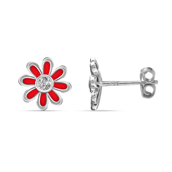 925 Sterling Silver CZ Enamel Crystal Pink Flower Stud Earrings for Women Teen