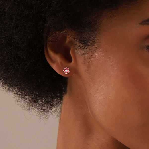 925 Sterling Silver CZ Enamel Crystal Pink Flower Stud Earrings for Women Teen