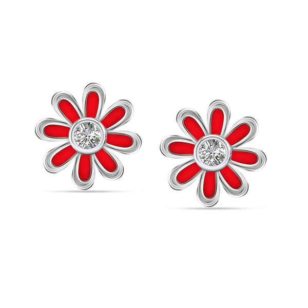 925 Sterling Silver CZ Enamel Crystal Pink Flower Stud Earrings for Women Teen