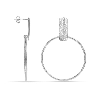 925 Sterling Silver Hammered Bar Circle Endless Summer Textured Open Round Drop Dangle Earrings for Women