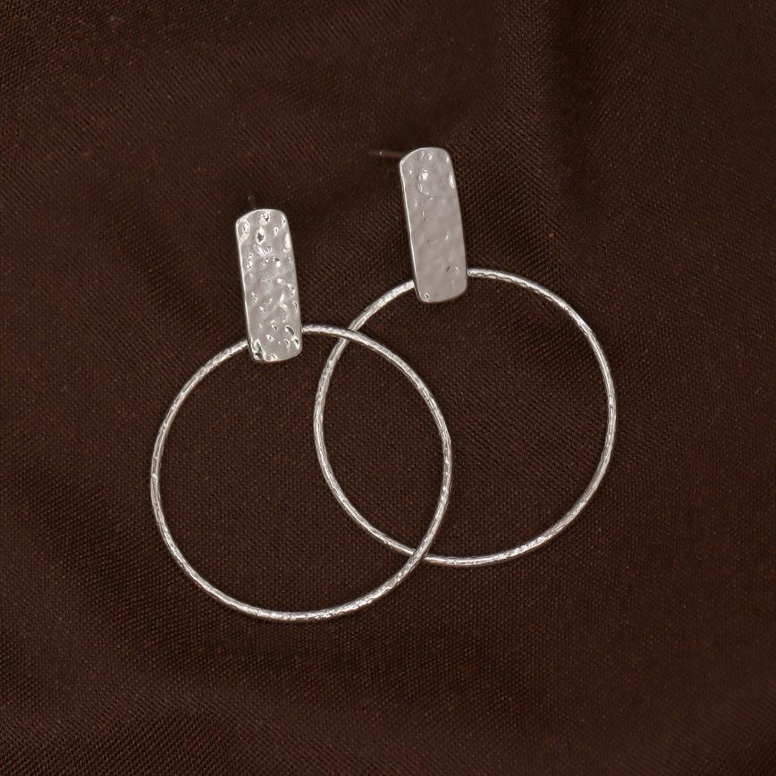 925 Sterling Silver Hammered Bar Circle Endless Summer Textured Open Round Drop Dangle Earrings for Women