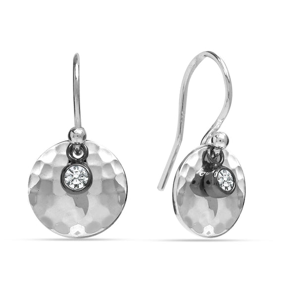 925 Sterling Silver Mini Crystal Disc Dangling Italian Hammered Design Disc Small Drop Danlge Earrings for Women