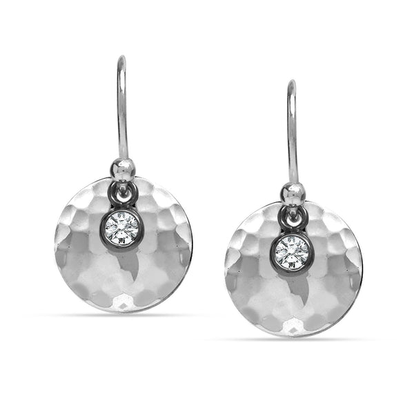 925 Sterling Silver Mini Crystal Disc Dangling Italian Hammered Design Disc Small Drop Danlge Earrings for Women