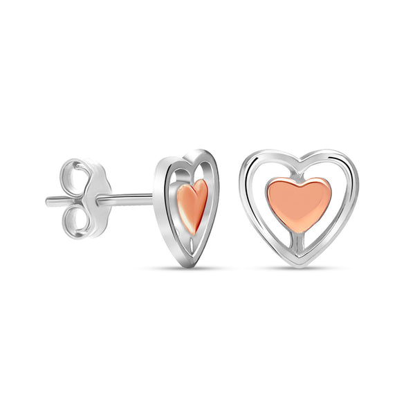 925 Sterling Silver Two Tone Small Double Heart Stud Earrings for Women and Girls