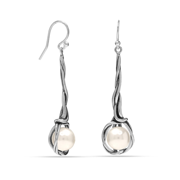 925 Sterling Silver Intertwined Pearl Twisted French Wire Long Drop Earrings for Women