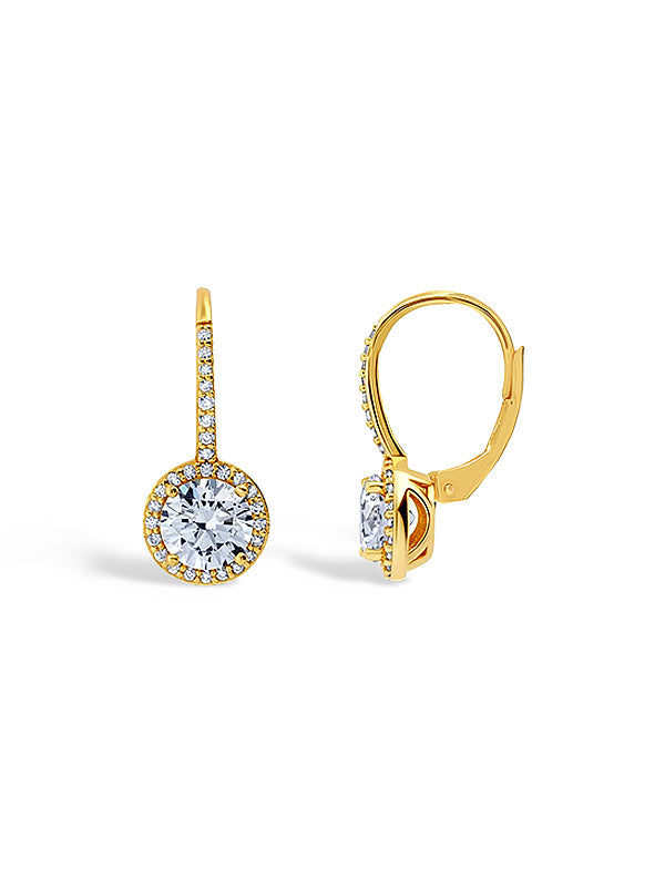 Gold CZ Halo Leverback Drop Earrings