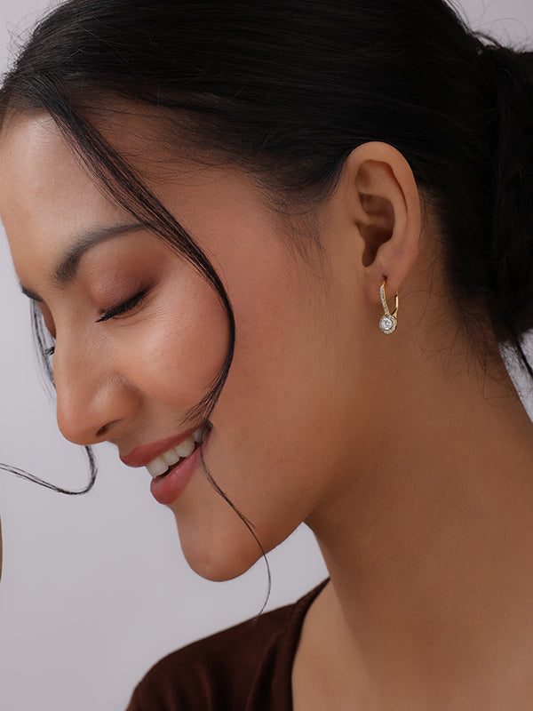 Gold CZ Halo Leverback Drop Earrings