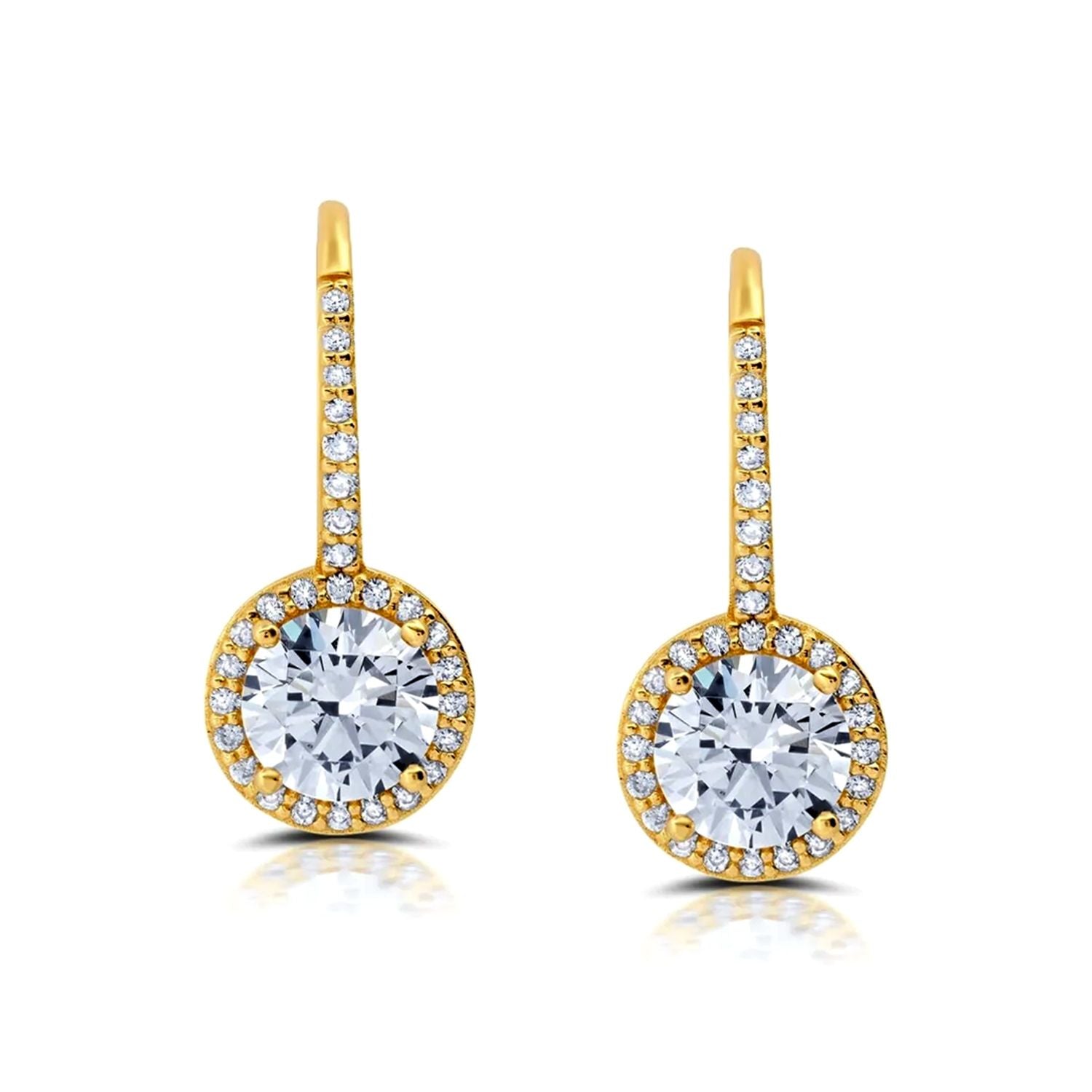 925 Sterling Silver 14K Gold Plated Cubic Zirconia Halo Round Crystal Leverback Drop Dangle Earrings for Women Teen