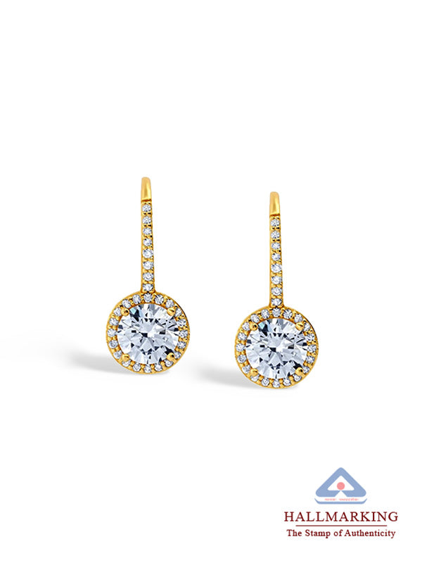 Gold CZ Halo Leverback Drop Earrings