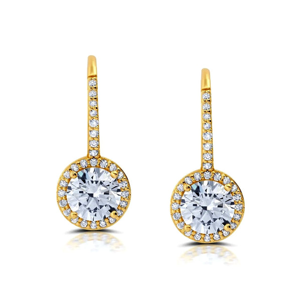 925 Sterling Silver 14K Gold Plated Cubic Zirconia Halo Round Crystal Leverback Drop Dangle Earrings for Women Teen