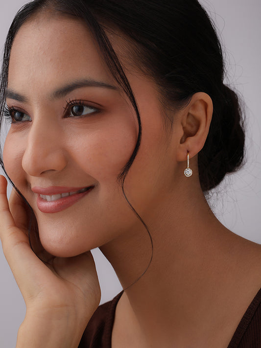 Gold CZ Halo Leverback Drop Earrings