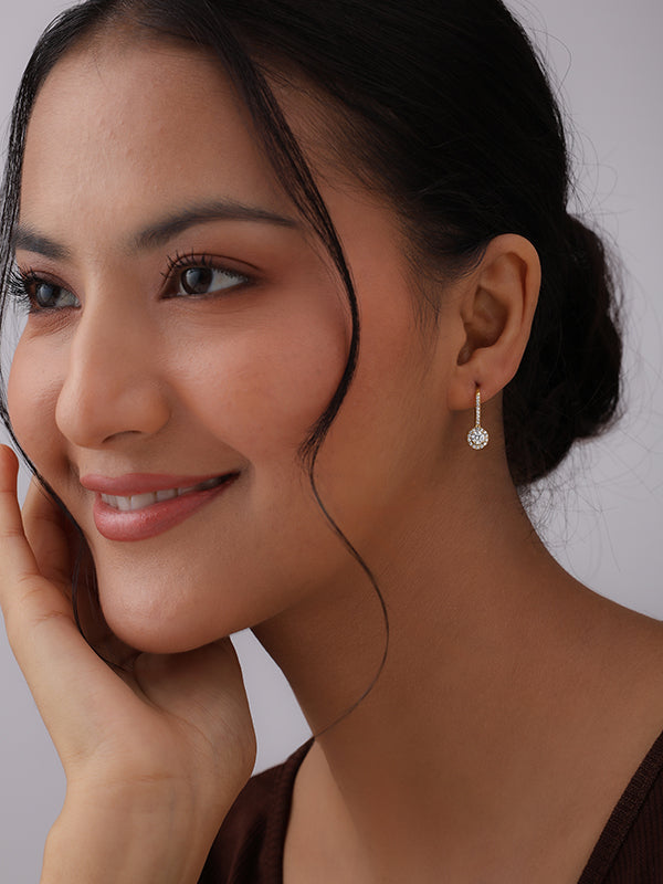 Gold CZ Halo Leverback Drop Earrings