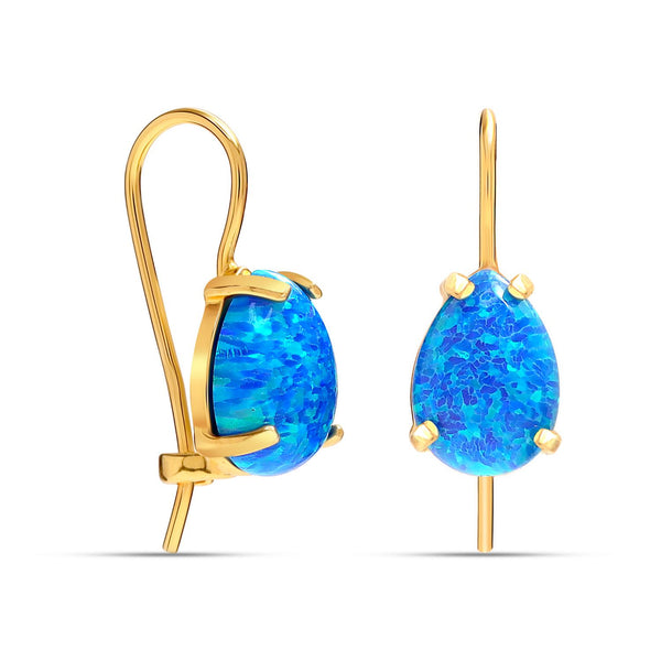 925 Sterling Silver 14K Gold Plated Blue Opal Teardrop Handmade Classy Lightweight Pear Shape Drop Dangle Earrings for Women