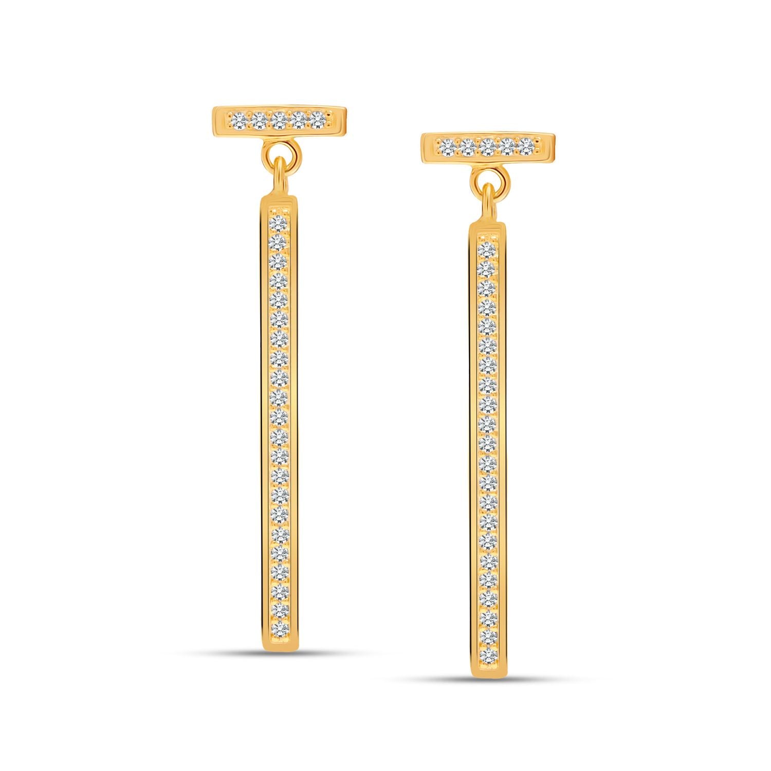 925 Sterling Silver 14K Gold Plated Cubic Zirconia Lightweight Curved Vertical Bar Drop Dangle Earrings for Women