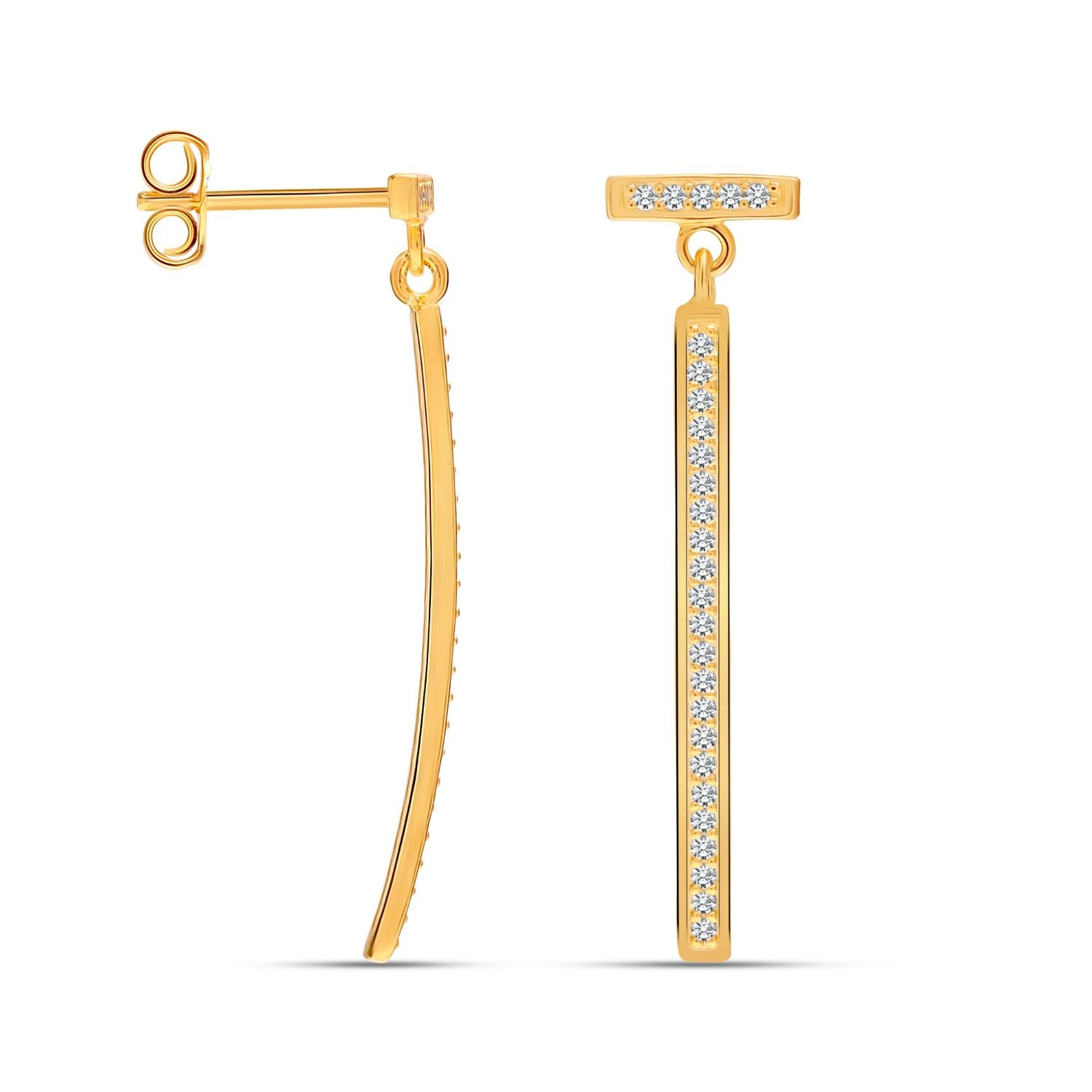 925 Sterling Silver 14K Gold Plated Cubic Zirconia Lightweight Curved Vertical Bar Drop Dangle Earrings for Women