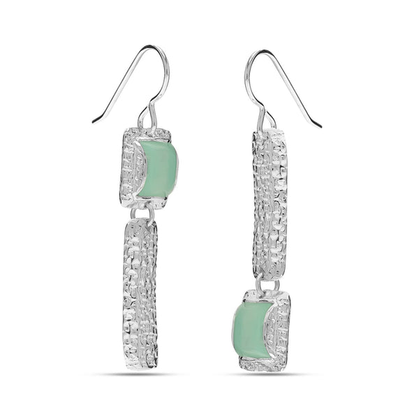 925 Sterling Silver Asymmetry Mismatch Classic Handmade Aqua Chalcedony Minimalist Long Hook Drop Dangle Earrings for Women