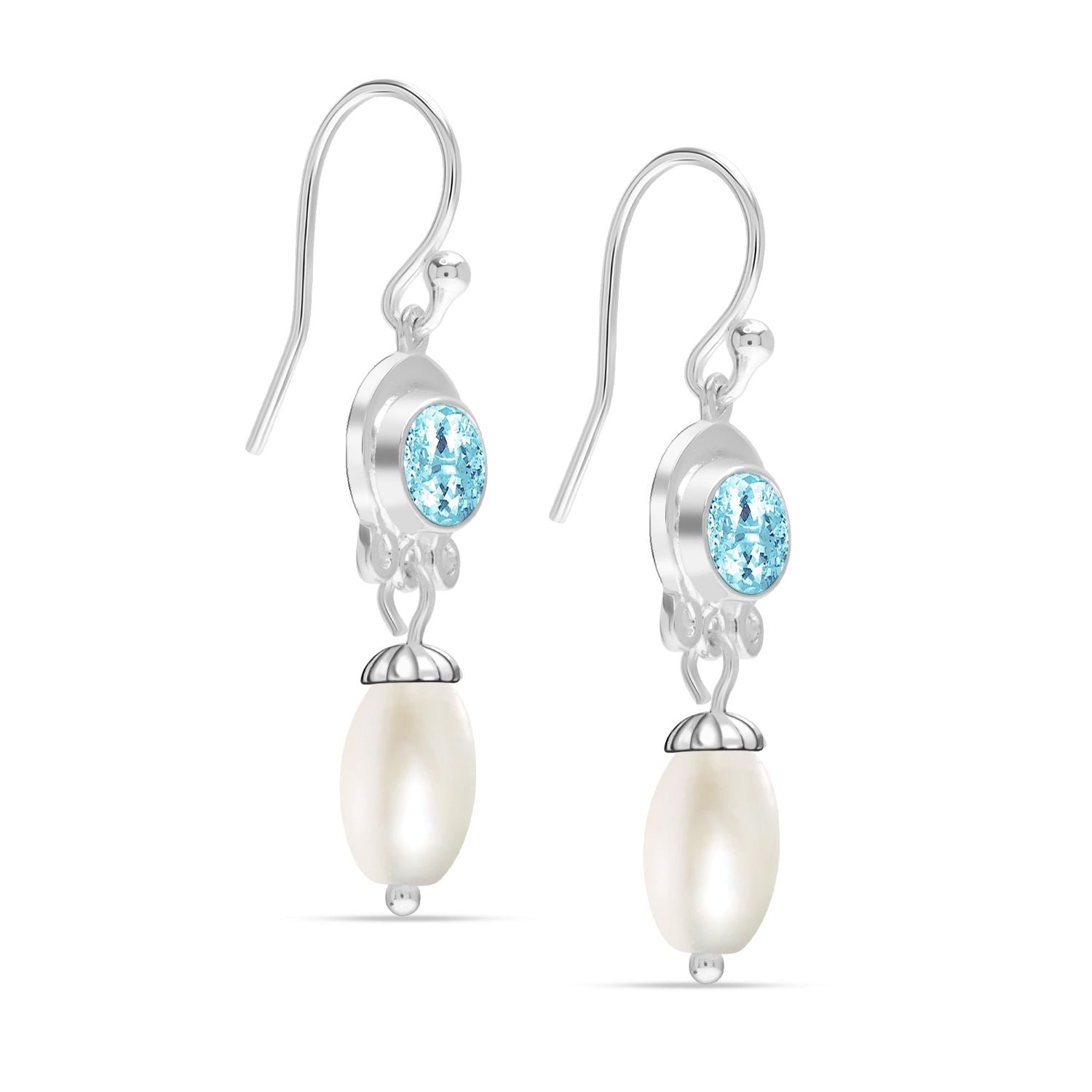 925 Sterling Silver Handmade Gemstone Blue Topaz and Simulated Pearl French Wire Drop Dangle Earrings for Women