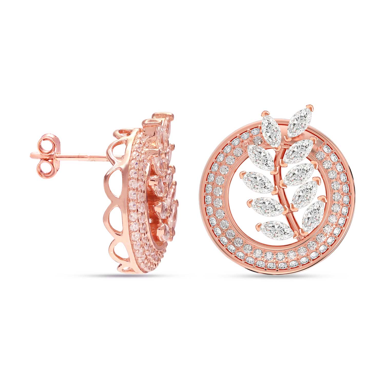 925 Sterling Silver 14K Rose-Gold Plated Cubic Zirconia Flower Classic Periwinkle Large Stud Earrings for Women