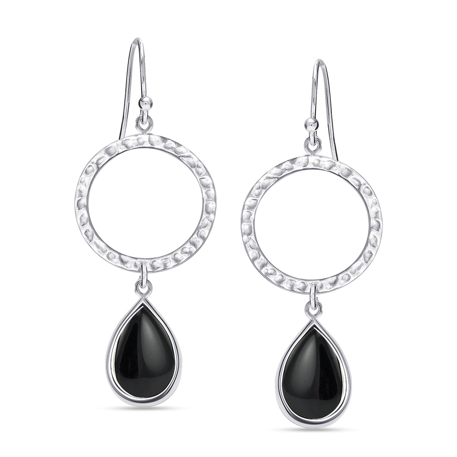 925 Sterling Silver Textured Open Circle Natural Black Onyx Drop Dangle Earrings for Women