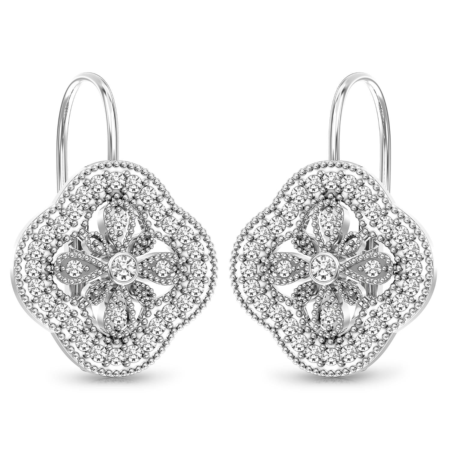 925 Sterling Silver Rhodium Plated Zirconia Openwork Clover Leverback Drop Dangle Earrings for Women