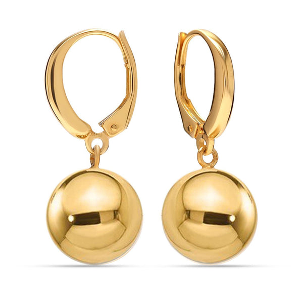 925 Sterling Silver 14K Gold-Plated Italian High Polished Leverback Round Bead Ball Drop Dangle Earrings for Women