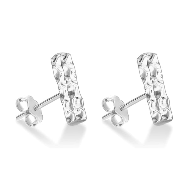 925 Steling Silver Hammered Minimalist Flat Bar Stud Earrings for Women Teen