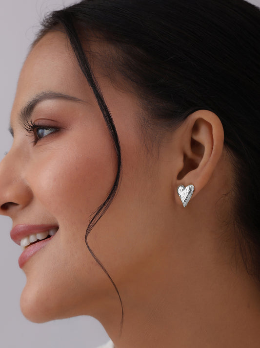 Mirel Hammered Heart Rhodium Plated Stud Earrings for Women