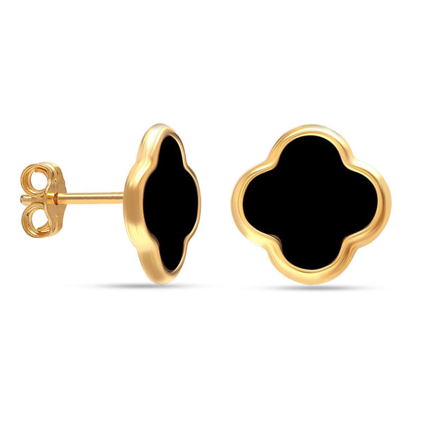 925 Sterling Silver 14K Gold-Plated Black Mother of Pearl Clover Stud Earrings for Women