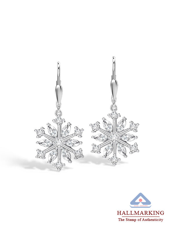 CZ Snowflake Leverback Drop Earrings