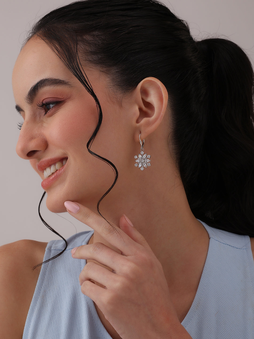 CZ Snowflake Leverback Drop Earrings