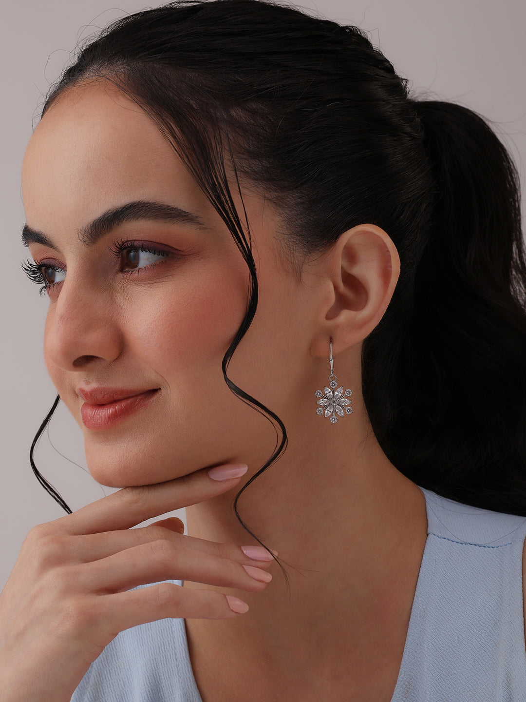 CZ Snowflake Leverback Drop Earrings