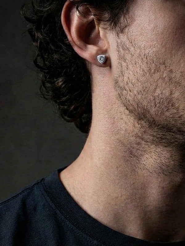 925 Sterling Silver CZ Halo Triangle Stud Earrings for Men