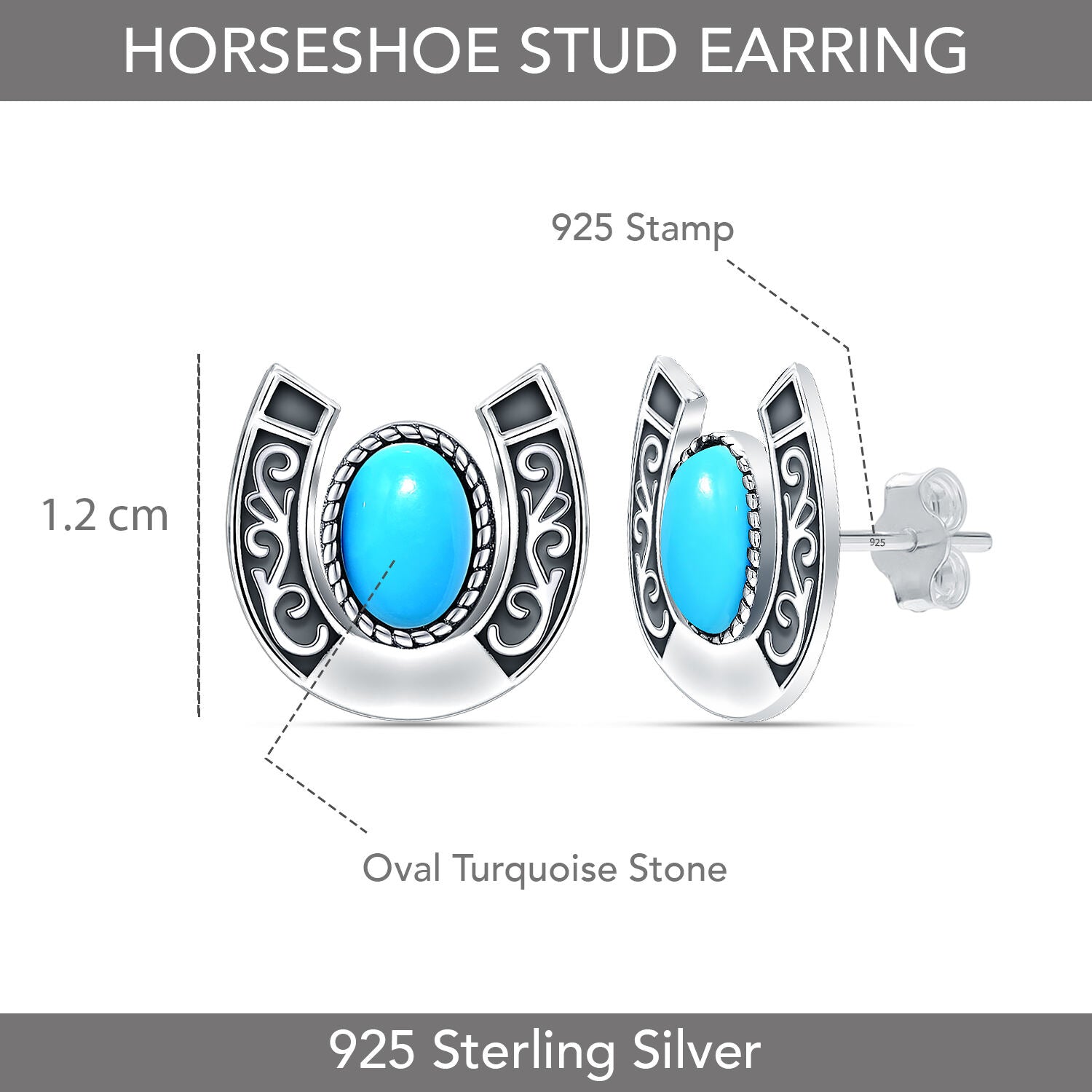 925 Sterling Silver Turquoise Horseshoe Studs Earring for Women