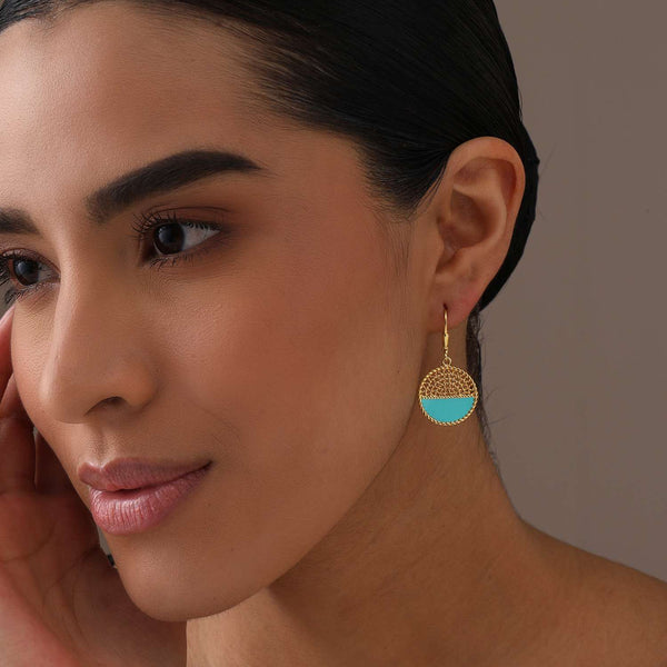 925 Sterling Silve 14K Gold-Plated Teal Enamel Circle Disc Dangle Drop Earrings for Women
