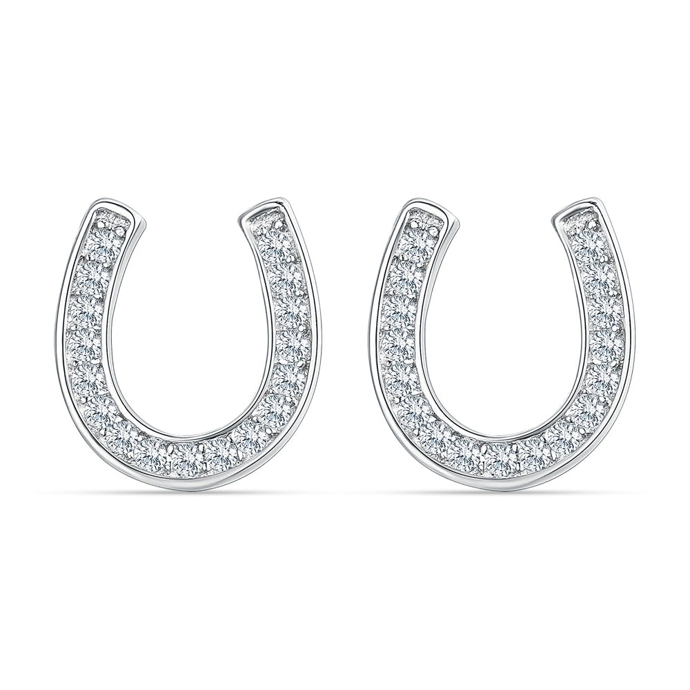 925 Sterling Silver CZ Lucky Horseshoe Stud Earrings for Women